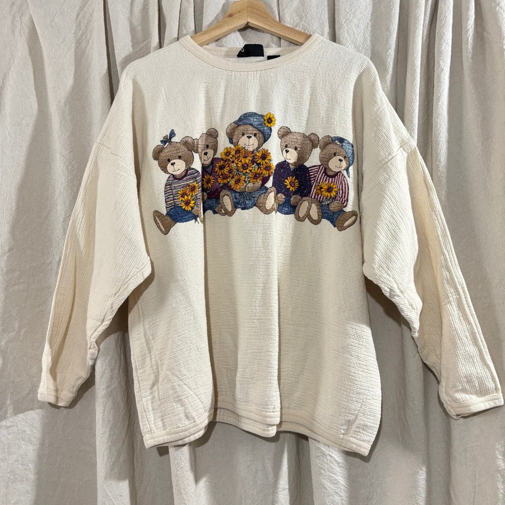Vintage 90s Chic Teddy Bear Sunflower Sweatshirt Cream Waffle Knit NWT L/XL
